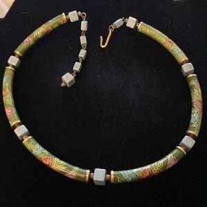 Vintage Signed Japan Floral Ceramic Tube Bead Choker Necklace